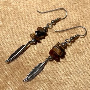 Tigers Eye Earrings with Silver Feather